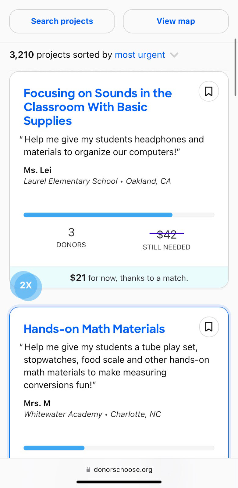 This is an image of the mobile version of website DonorsChoose. 