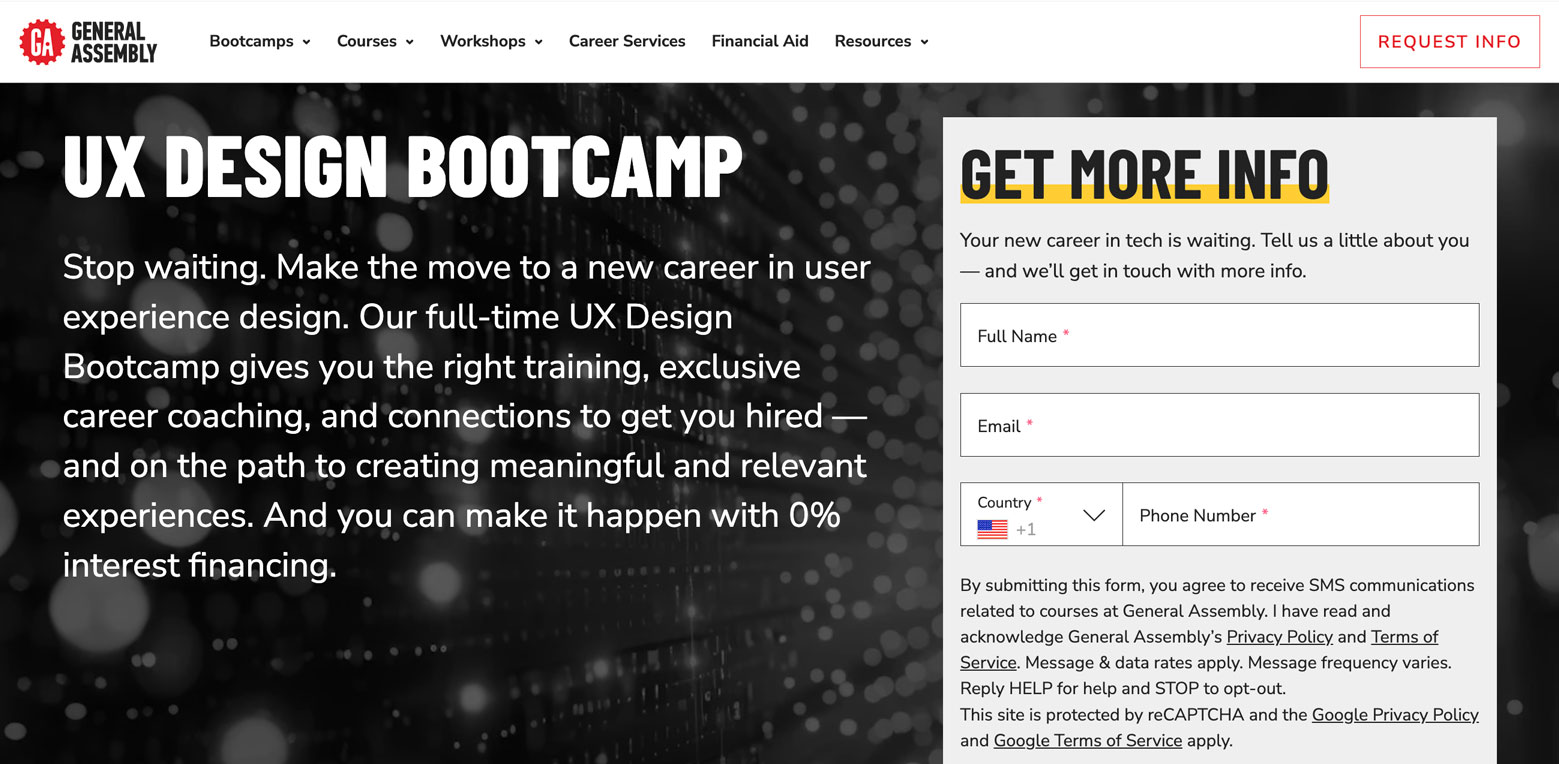 Landing page for General Assembly's UX bootcamp. 