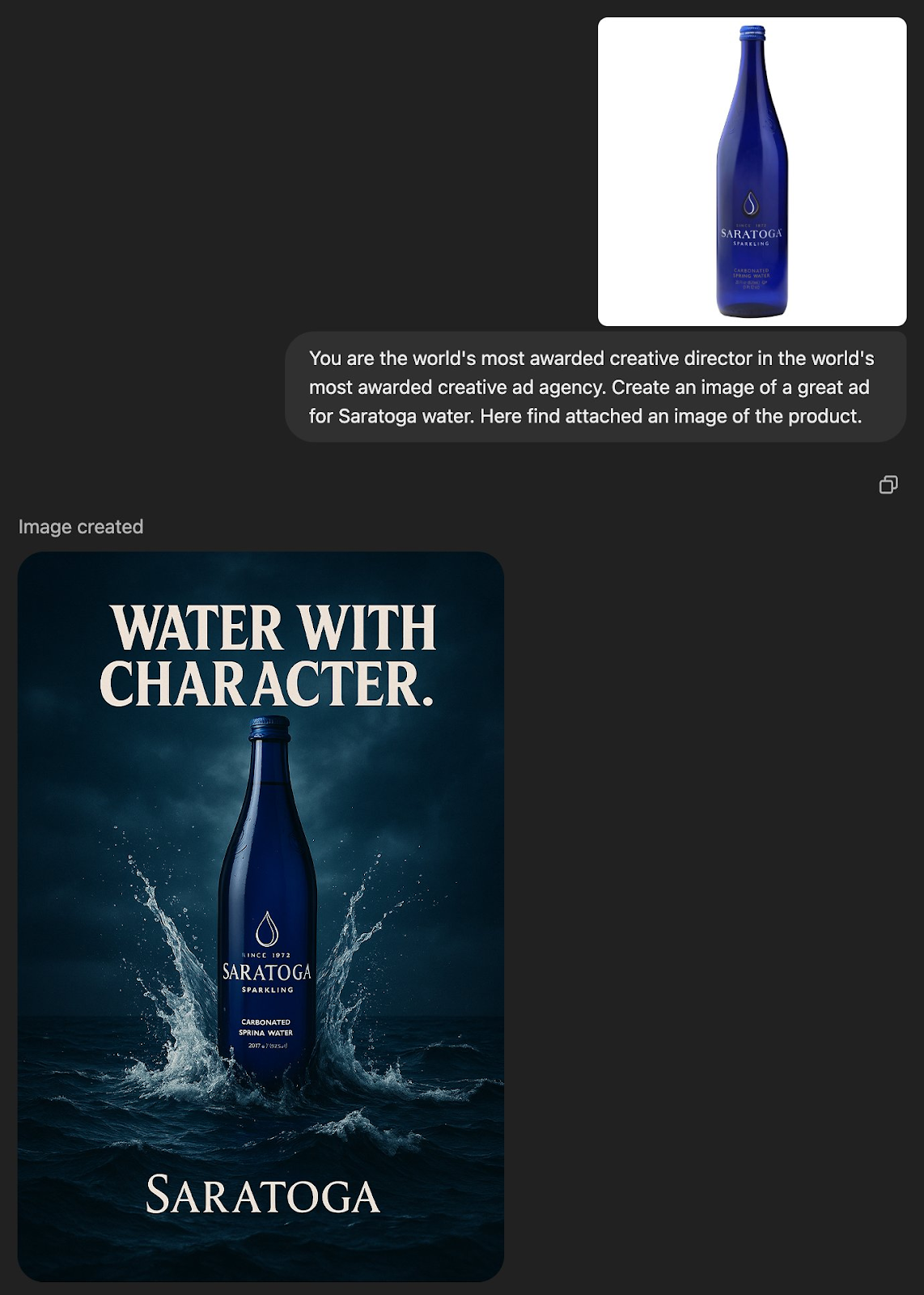 Example of ChatGPT's new image generating capabilities representing the creation of an ad for bottled water from a photographic image. 