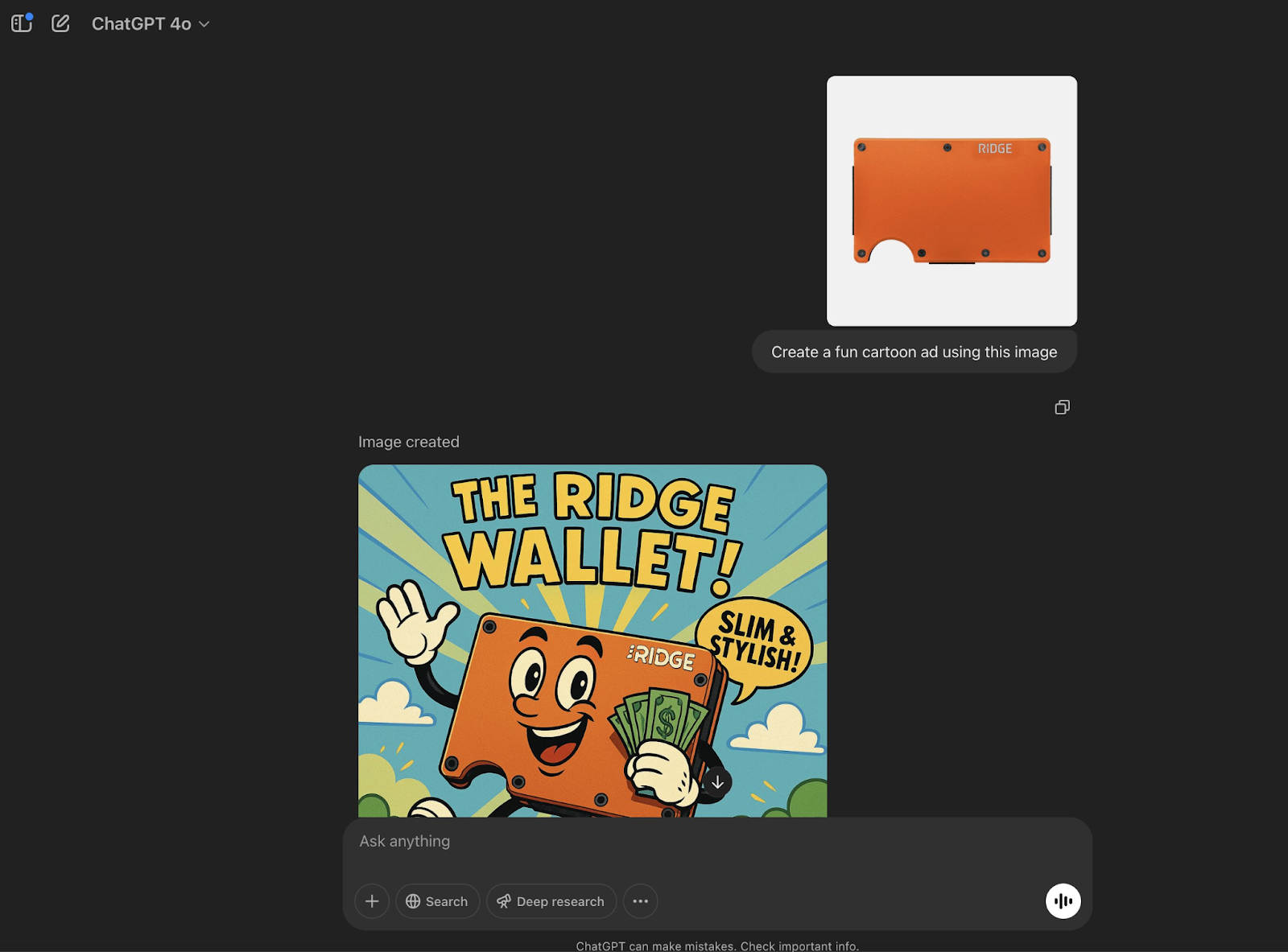 Example of ChatGPT's new image generating capabilities representing the creation of a cartoon wallet from a photographic image for an ad.   